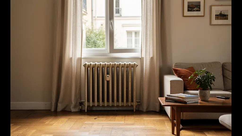 Radiateur fonte sous fenêtre dans salon de maison années 70