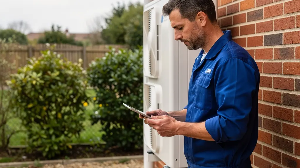 Technicien vérifiant une pompe à chaleur air-eau installée en rénovation
