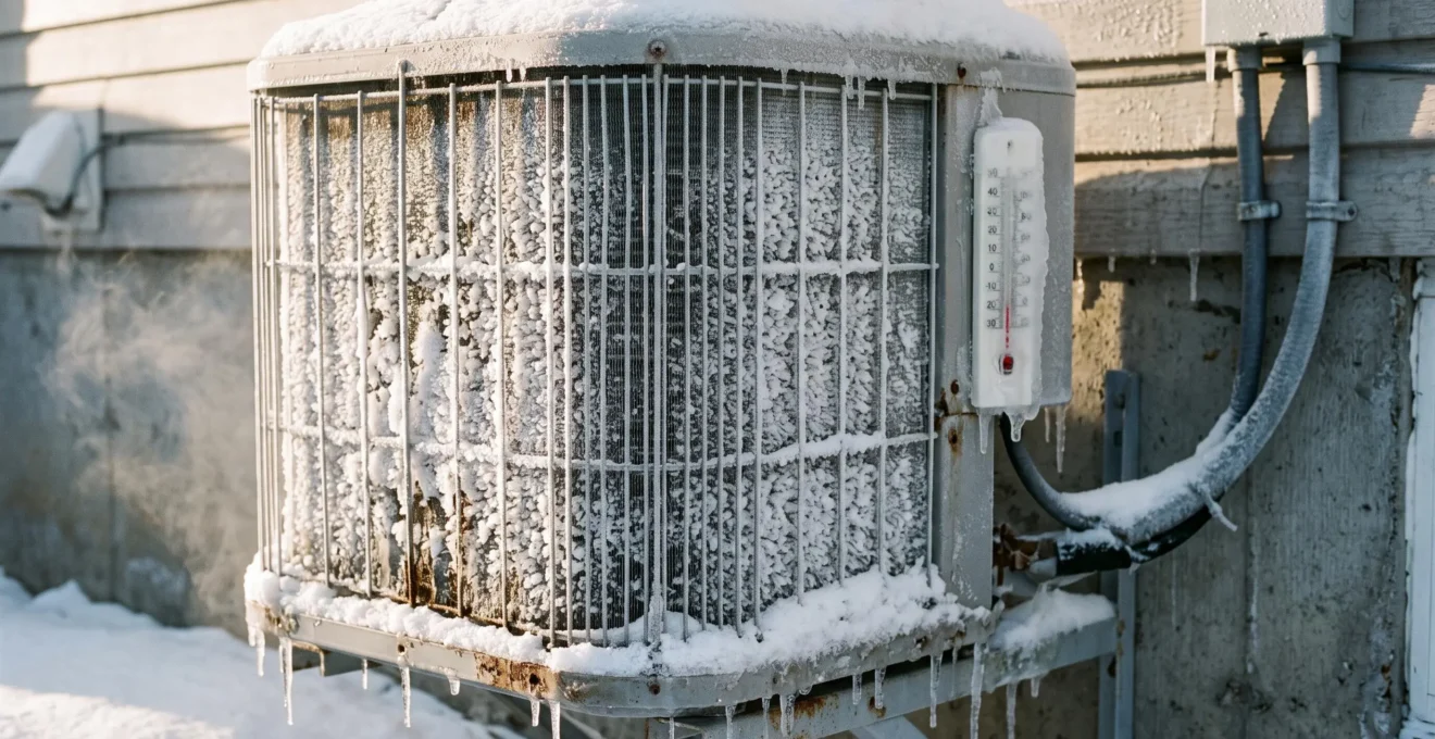 Du givre recouvre la grille extérieure d'une thermopompe lors d'un froid intense.