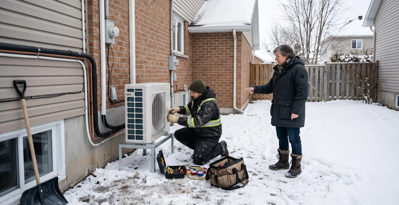 Un technicien termine l'installation d'une thermopompe extérieure devant une maison en hiver.