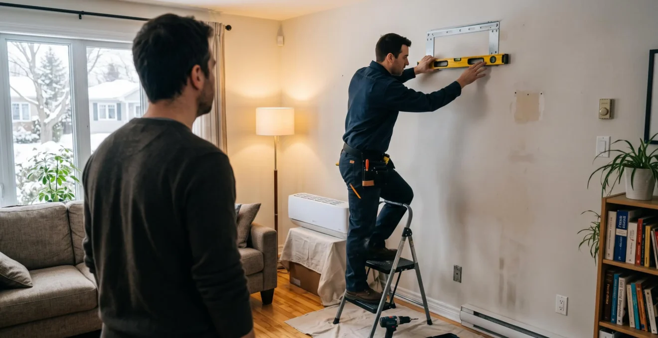 Un technicien fixe un climatiseur mural intérieur dans un salon avec un niveau.